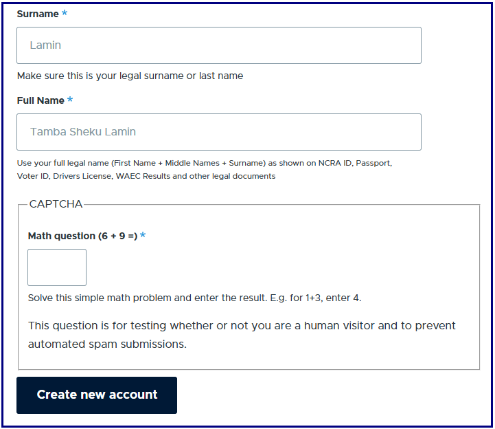 Account creation form continued