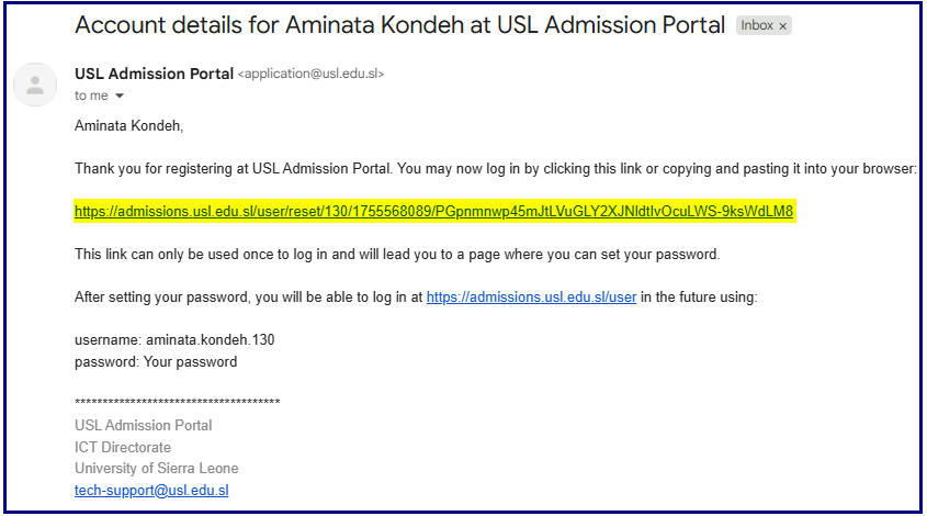 Content of email from USL